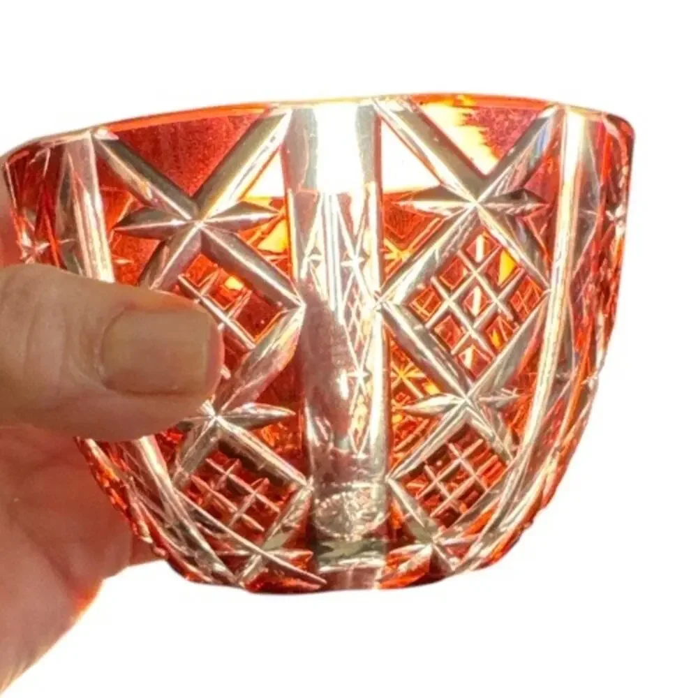 Vintage Clear Cut Cranberry Glass 4” Bowl 2 mm chip